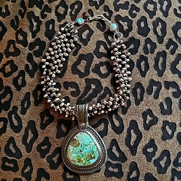 J. FORKS DESIGNS 75 CT ROYSTON TURQUOISE & PEACOCK FRESHWATER PEARL NECKLACE! - Picture 1 of 11